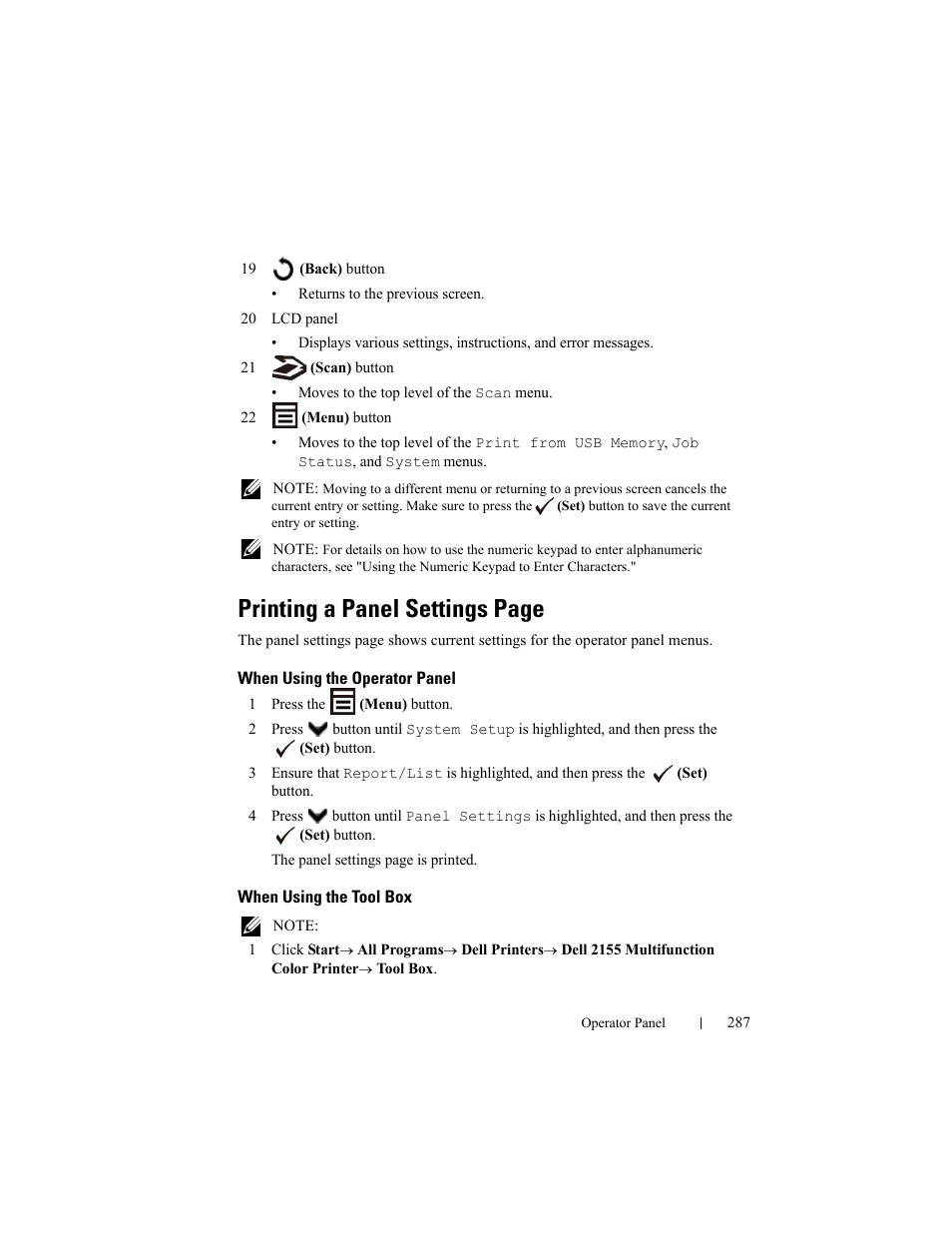 When using the operator panel, When using the tool box, Printing a panel settings page | Dell 2155cn/cdn Color Laser Printer User Manual | Page 289 / 761