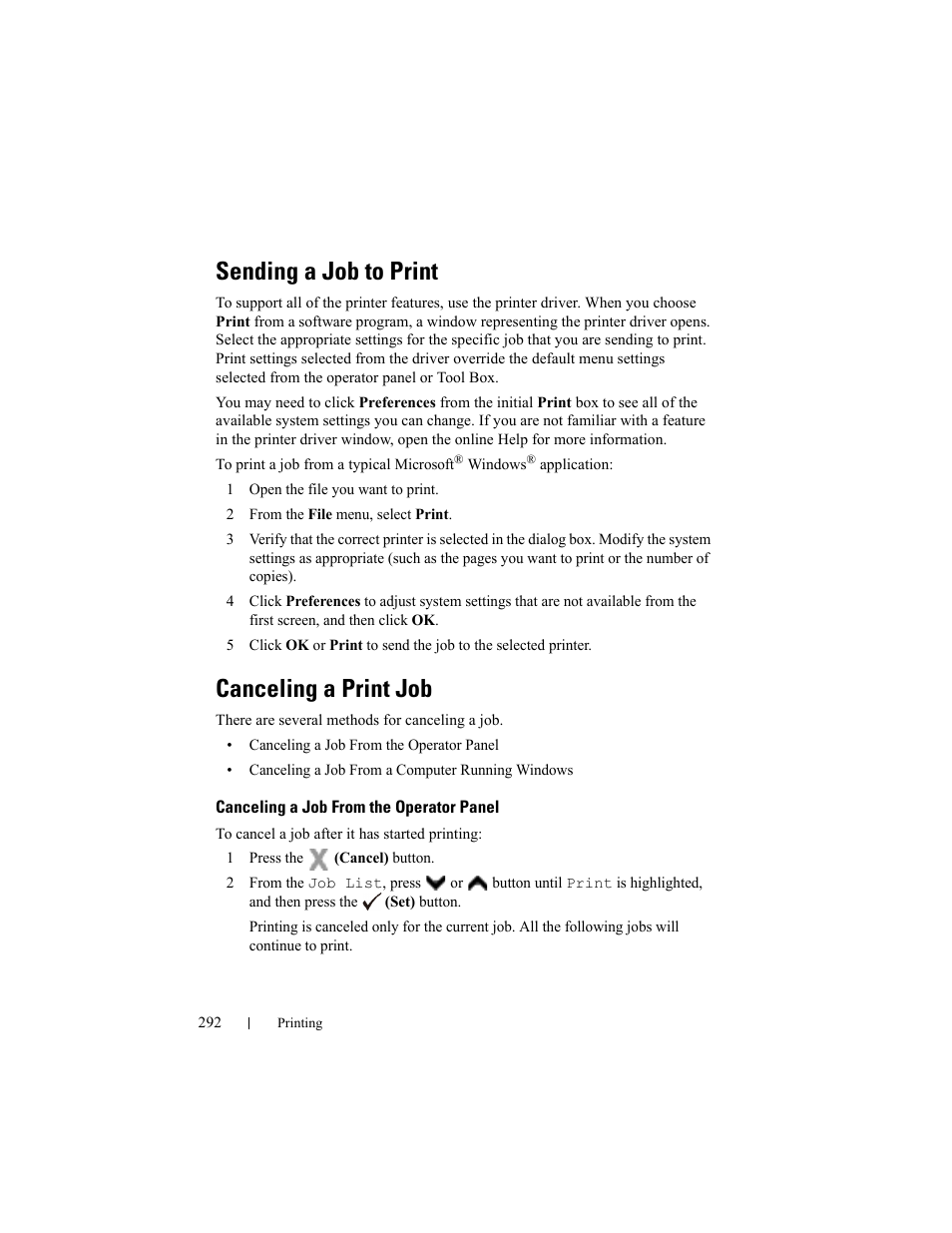 Sending a job to print, Canceling a print job, Canceling a job from the operator panel | Dell 2155cn/cdn Color Laser Printer User Manual | Page 294 / 761