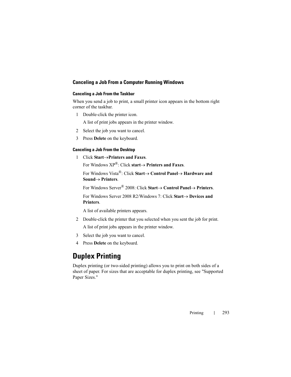 Canceling a job from a computer running windows, Duplex printing | Dell 2155cn/cdn Color Laser Printer User Manual | Page 295 / 761