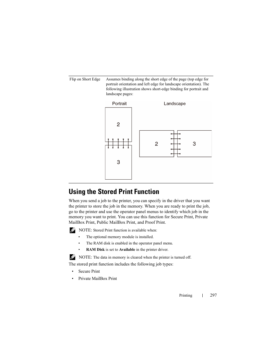 Using the stored print function | Dell 2155cn/cdn Color Laser Printer User Manual | Page 299 / 761