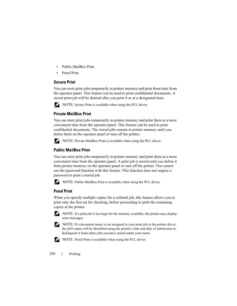 Secure print, Private mailbox print, Public mailbox print | Proof print | Dell 2155cn/cdn Color Laser Printer User Manual | Page 300 / 761