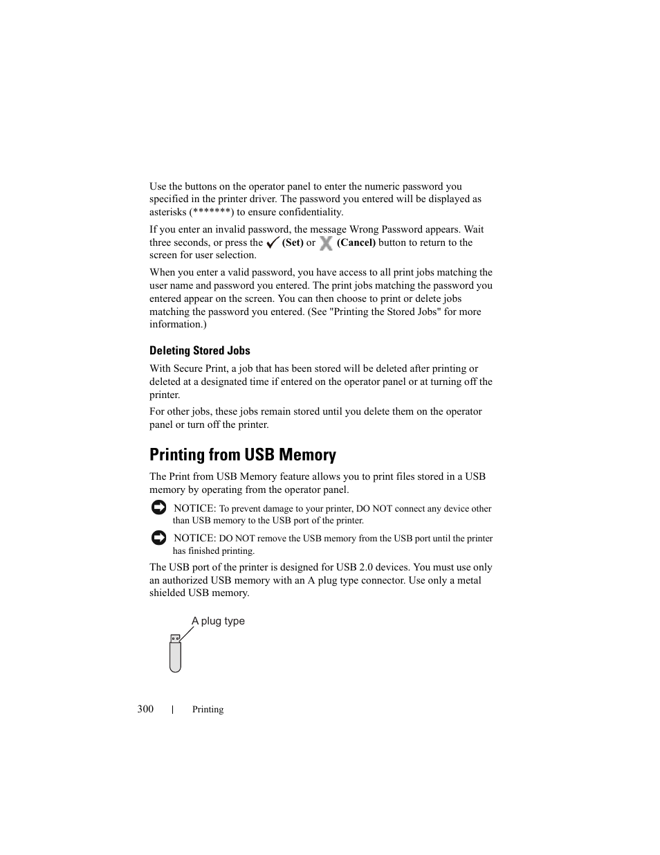 Deleting stored jobs, Printing from usb memory | Dell 2155cn/cdn Color Laser Printer User Manual | Page 302 / 761