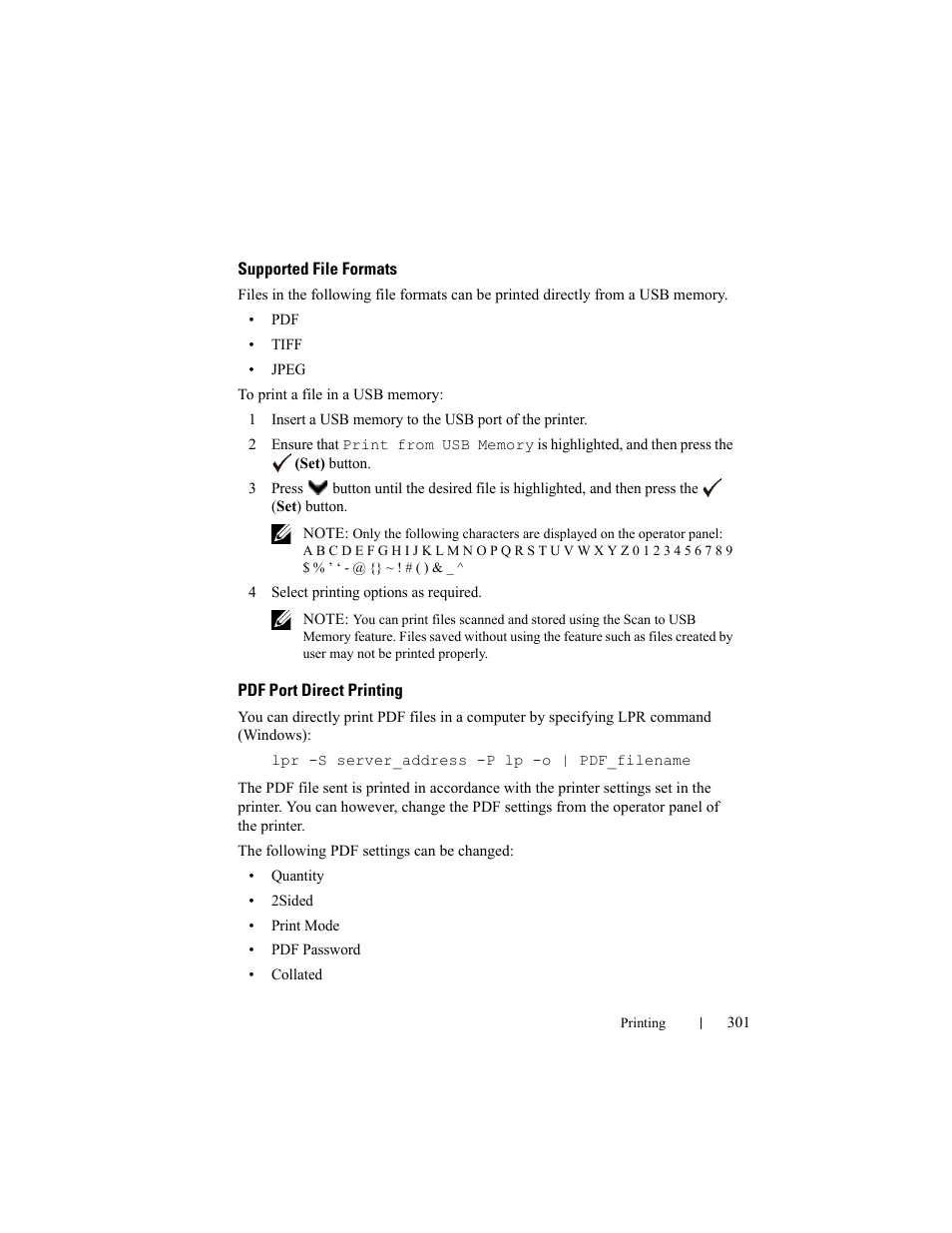 Supported file formats, Pdf port direct printing | Dell 2155cn/cdn Color Laser Printer User Manual | Page 303 / 761