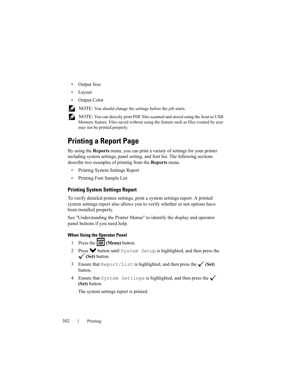 Printing system settings report, Printing a report page | Dell 2155cn/cdn Color Laser Printer User Manual | Page 304 / 761