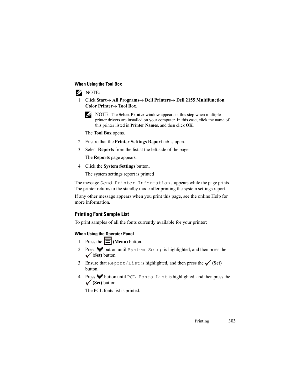 Printing font sample list | Dell 2155cn/cdn Color Laser Printer User Manual | Page 305 / 761