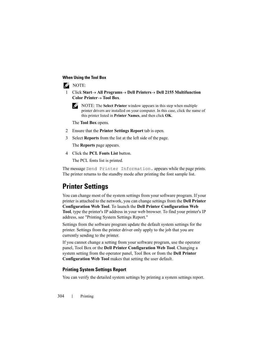 Printer settings, Printing system settings report | Dell 2155cn/cdn Color Laser Printer User Manual | Page 306 / 761