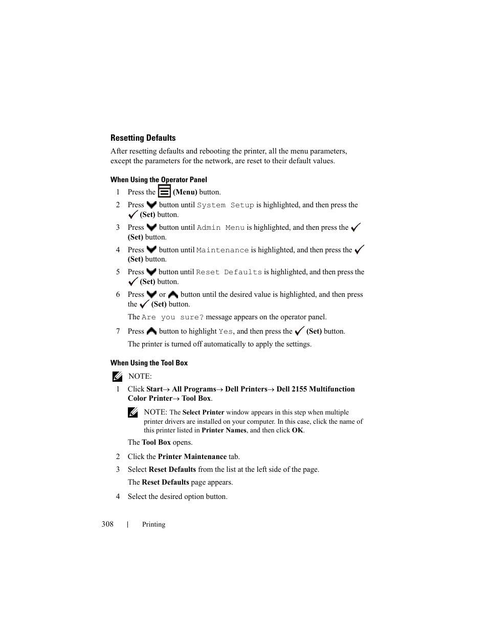 Resetting defaults | Dell 2155cn/cdn Color Laser Printer User Manual | Page 310 / 761
