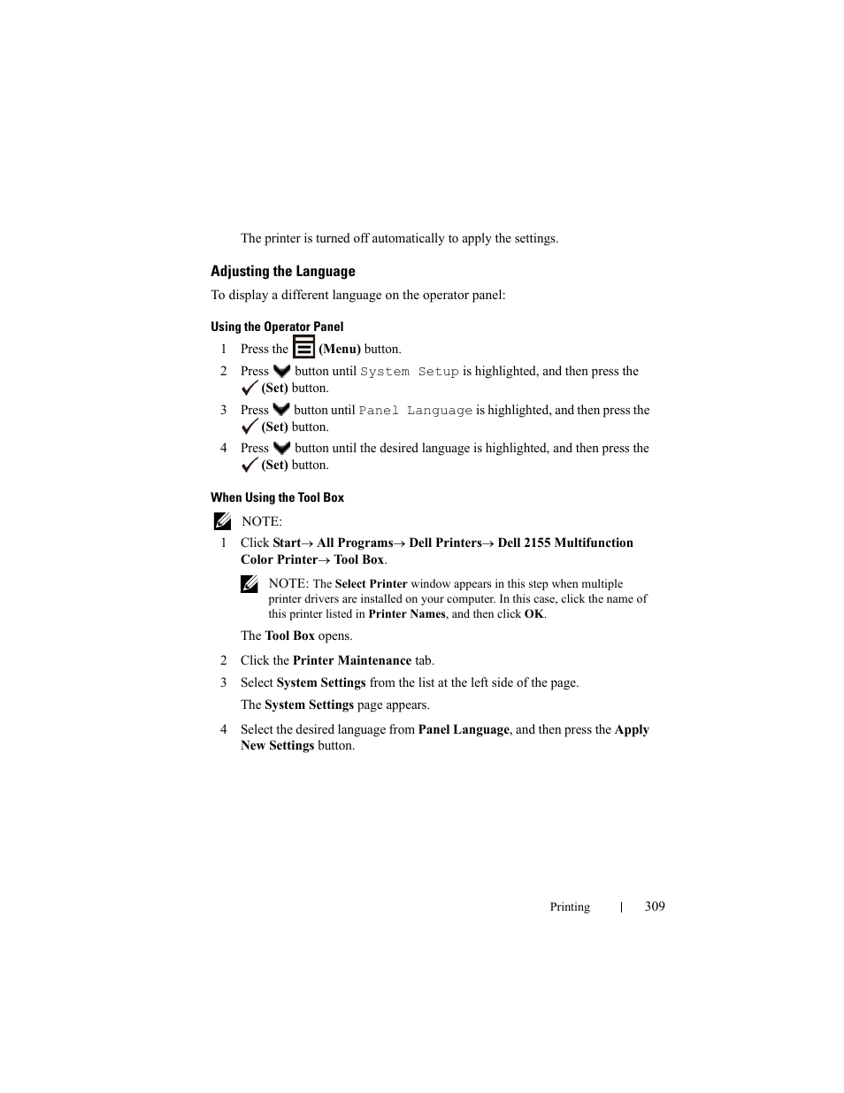Adjusting the language | Dell 2155cn/cdn Color Laser Printer User Manual | Page 311 / 761