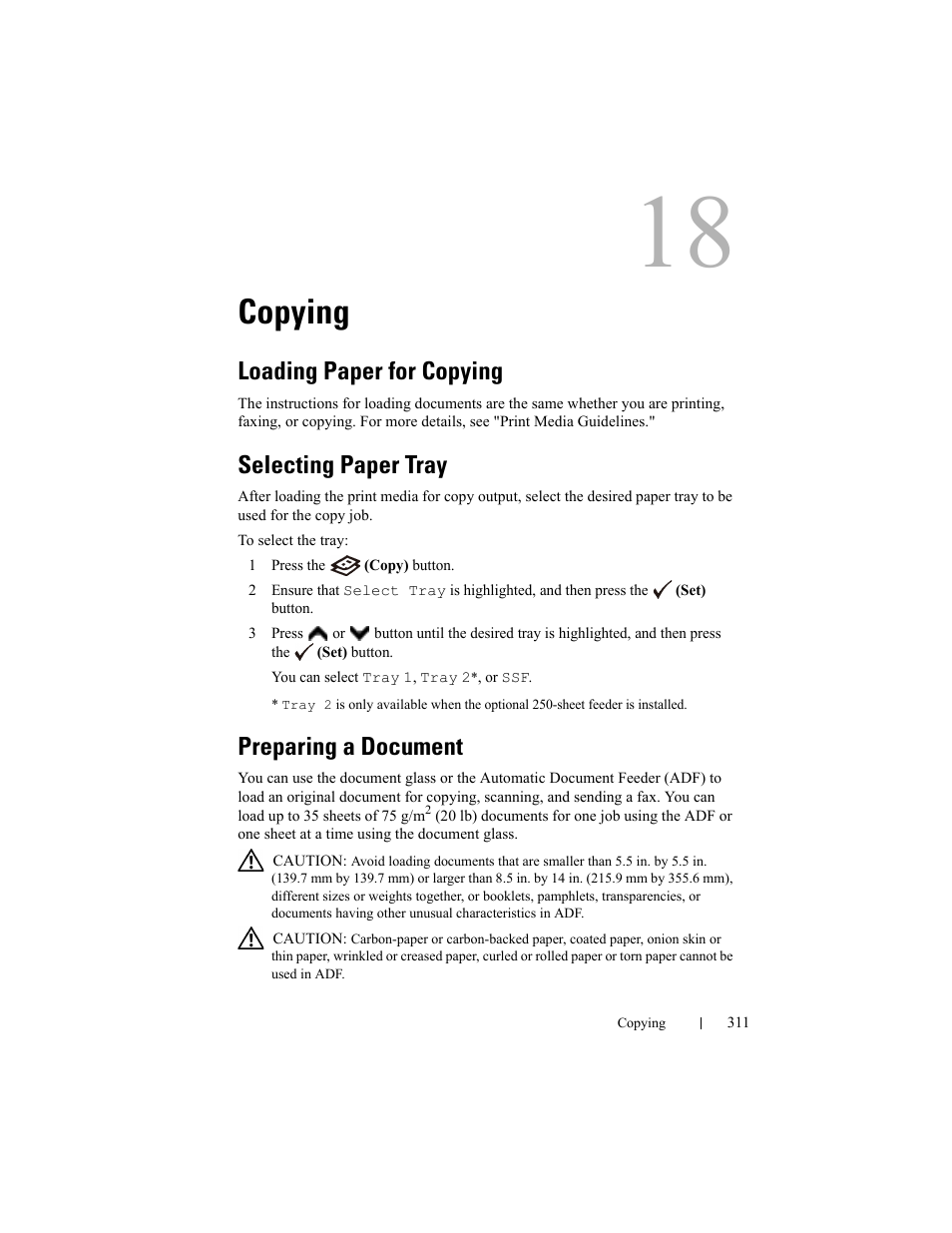 Copying, Loading paper for copying, Selecting paper tray | Preparing a document | Dell 2155cn/cdn Color Laser Printer User Manual | Page 313 / 761