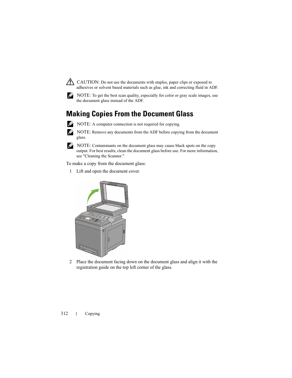 Making copies from the document glass, Making copies from the document glass (scan fr | Dell 2155cn/cdn Color Laser Printer User Manual | Page 314 / 761