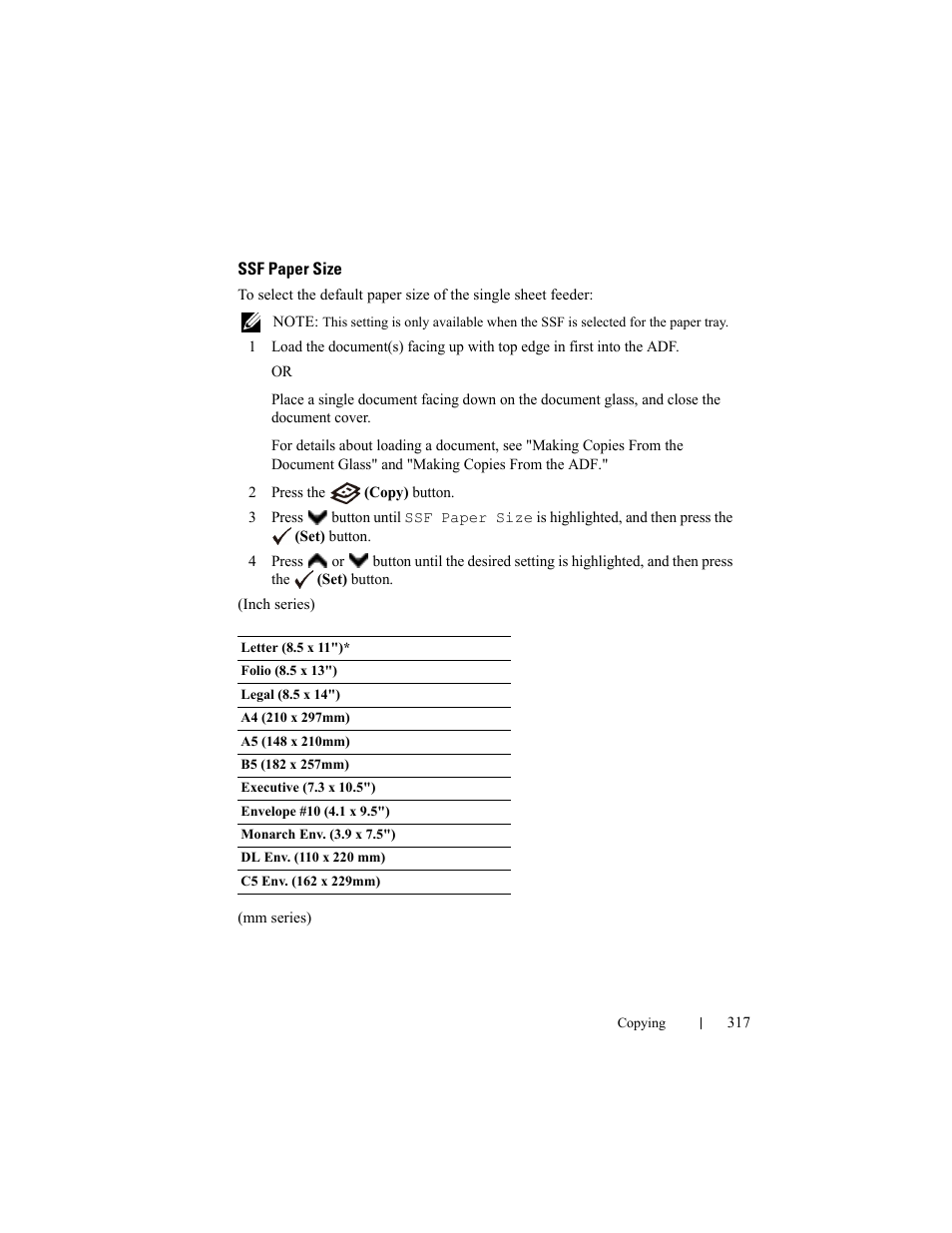 Ssf paper size | Dell 2155cn/cdn Color Laser Printer User Manual | Page 319 / 761