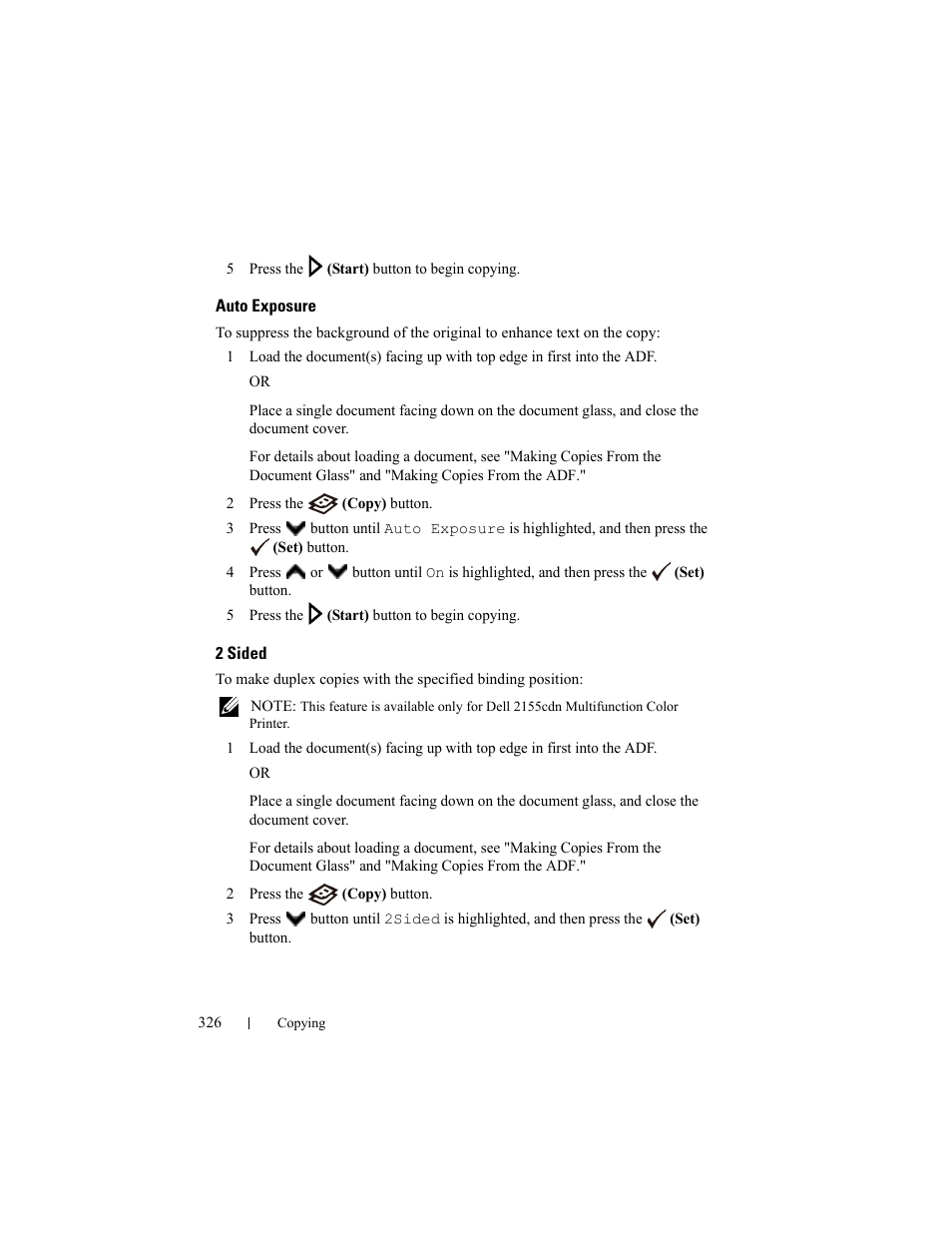 Auto exposure, 2 sided, Sided | Dell 2155cn/cdn Color Laser Printer User Manual | Page 328 / 761