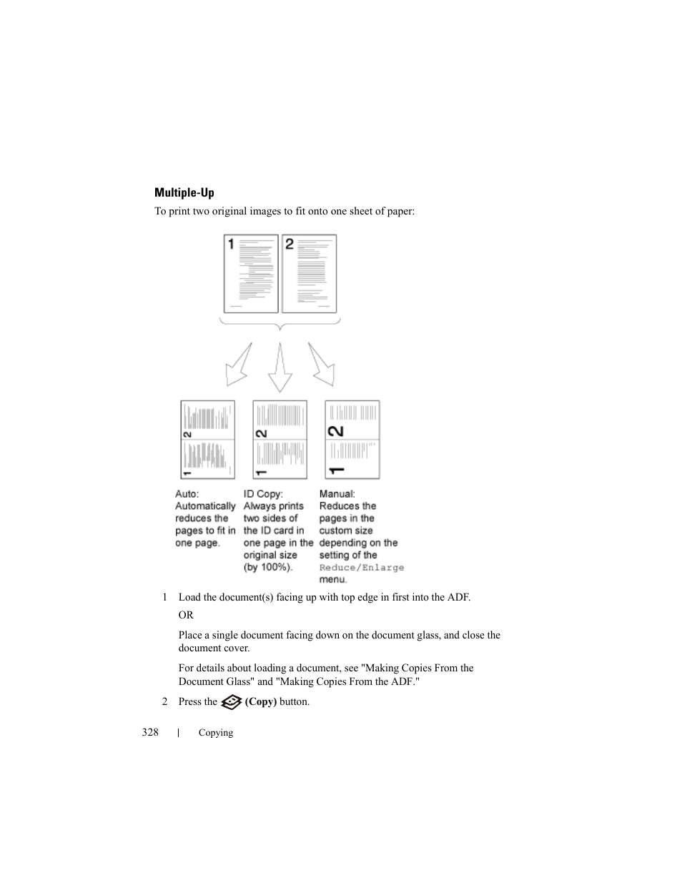 Multiple-up, Multiple-up (2-in-1 copy | Dell 2155cn/cdn Color Laser Printer User Manual | Page 330 / 761