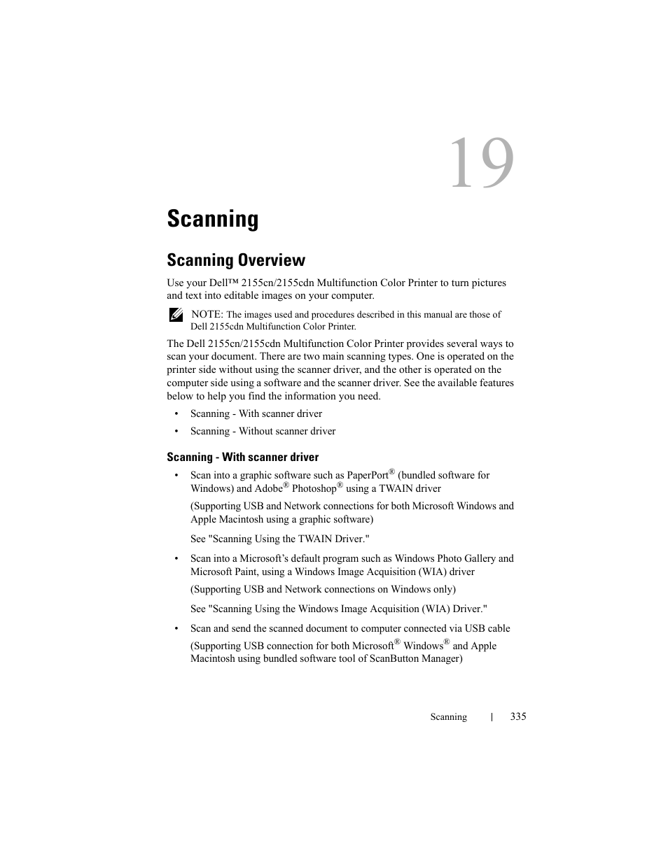 Scanning, Scanning overview, Scanning - with scanner driver | Dell 2155cn/cdn Color Laser Printer User Manual | Page 337 / 761