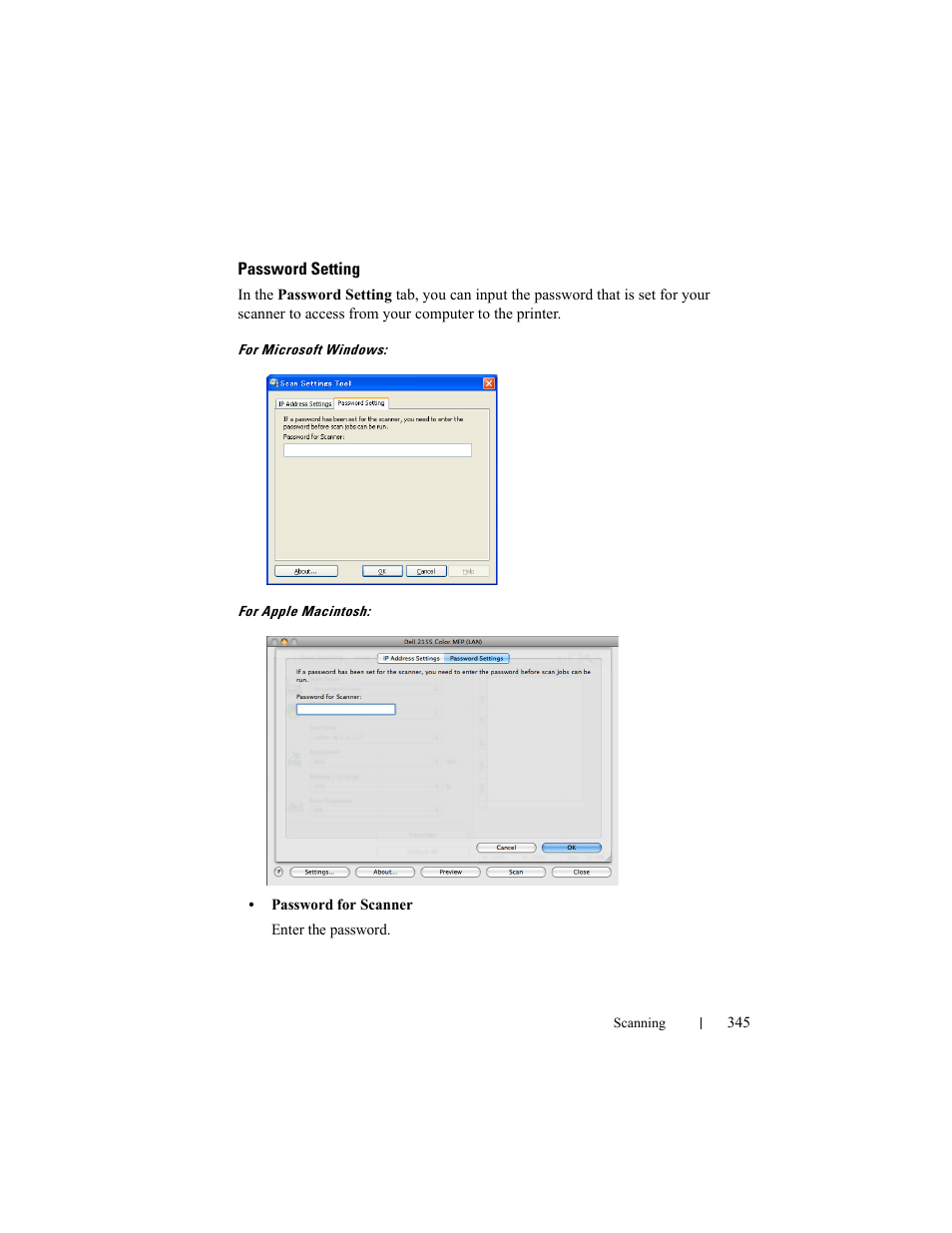 Password setting | Dell 2155cn/cdn Color Laser Printer User Manual | Page 347 / 761