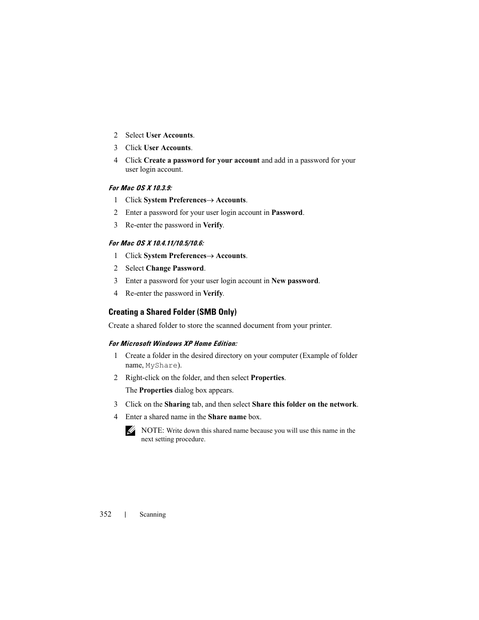 Creating a shared folder (smb only) | Dell 2155cn/cdn Color Laser Printer User Manual | Page 354 / 761