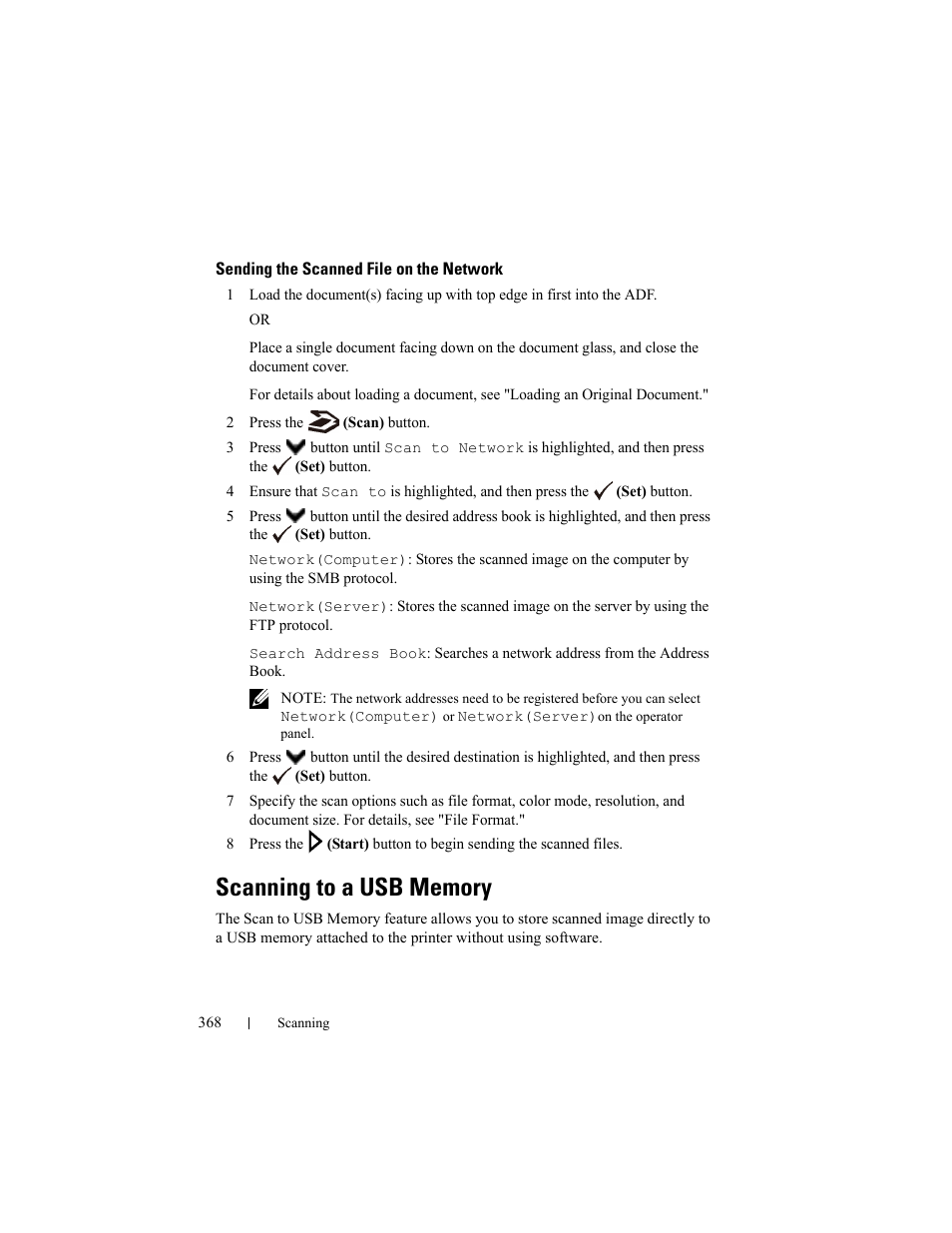 Sending the scanned file on the network, Scanning to a usb memory, Scanning to a usb memory (s | See "scanning to a usb memory | Dell 2155cn/cdn Color Laser Printer User Manual | Page 370 / 761