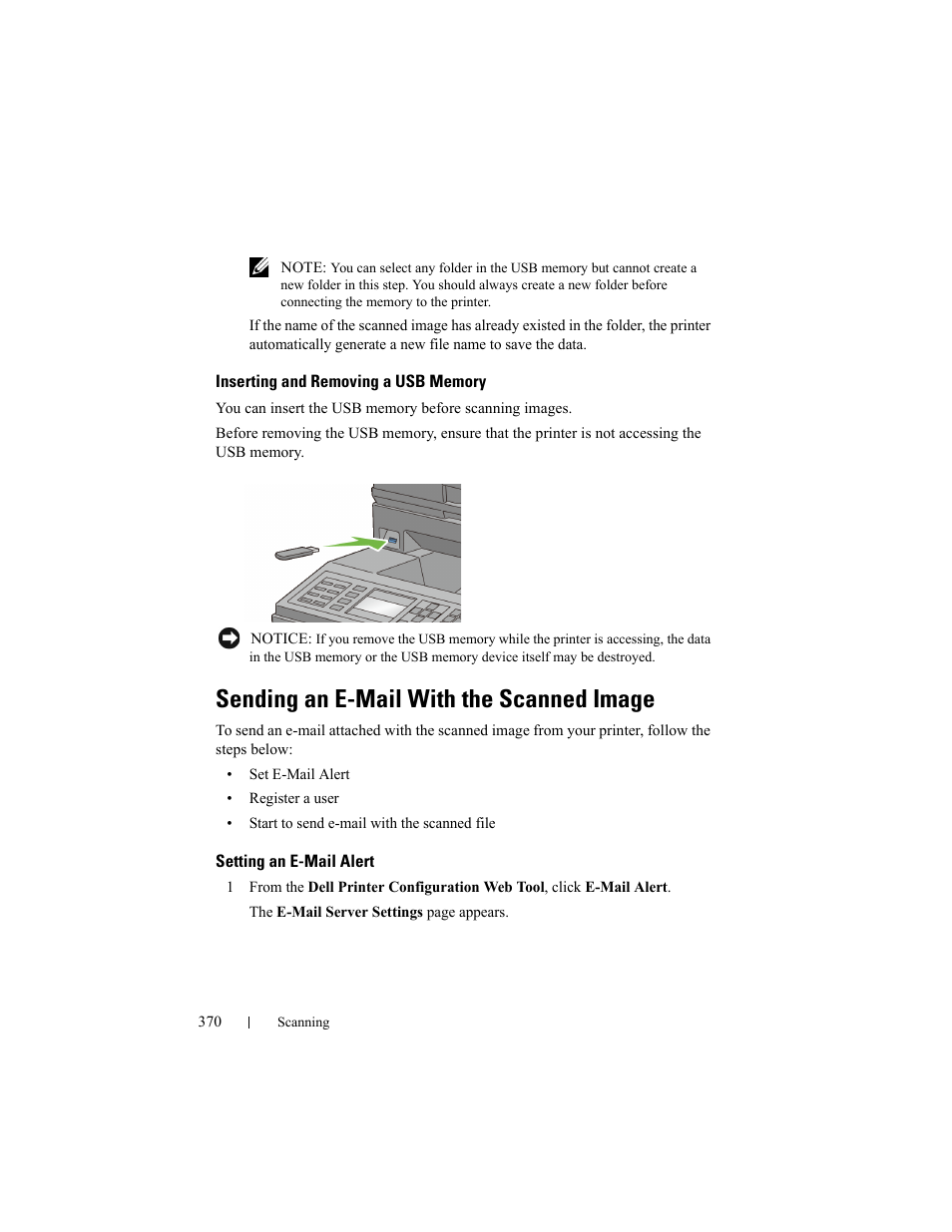 Inserting and removing a usb memory, Sending an e-mail with the scanned image, Setting an e-mail alert | See "sending an e-mail with the scanned image, See "inserting and, Removing a usb memory" for, Ee "inserting and removing a, Usb memory | Dell 2155cn/cdn Color Laser Printer User Manual | Page 372 / 761