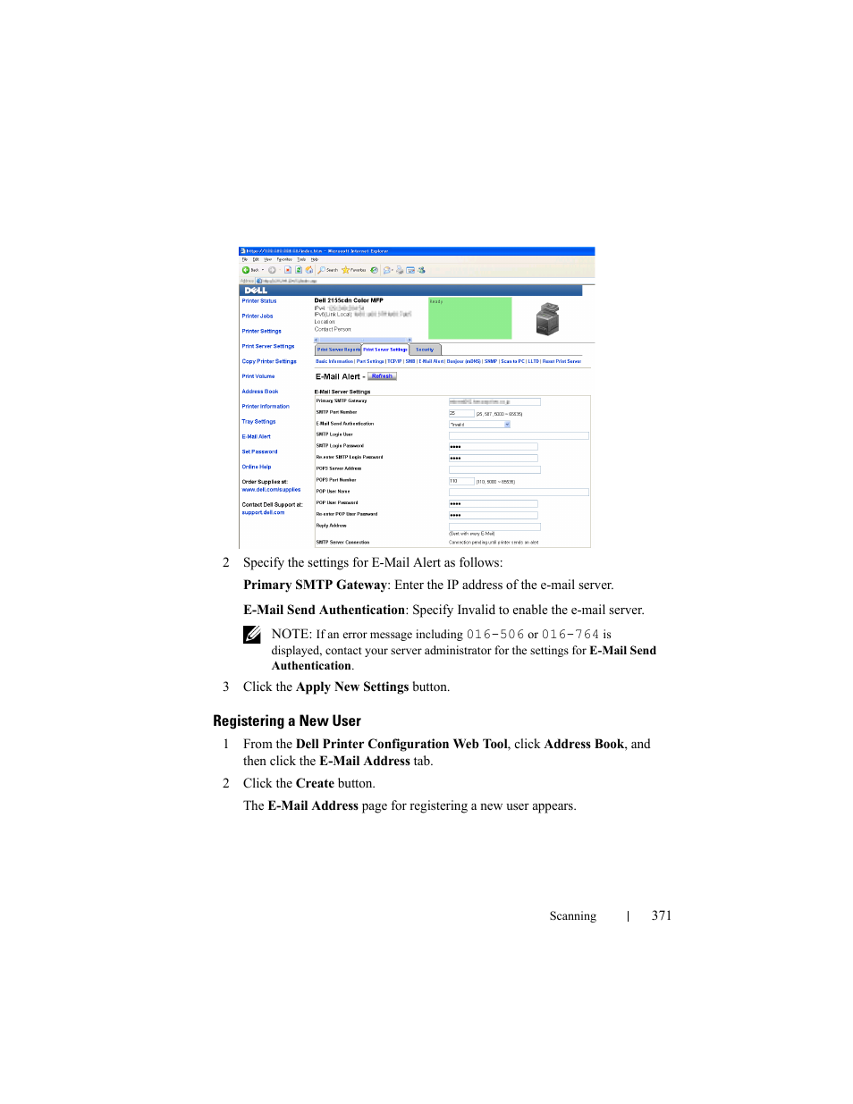 Registering a new user | Dell 2155cn/cdn Color Laser Printer User Manual | Page 373 / 761