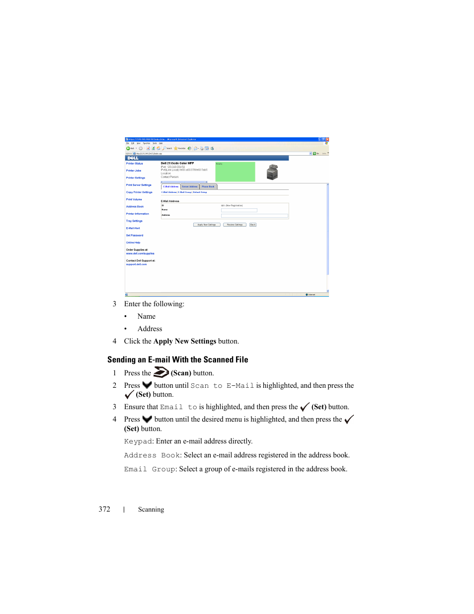 Sending an e-mail with the scanned file | Dell 2155cn/cdn Color Laser Printer User Manual | Page 374 / 761