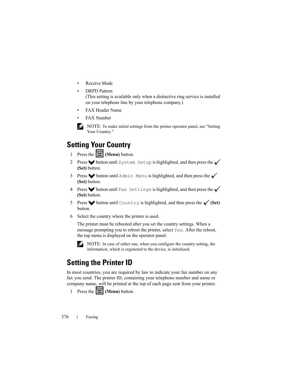 Setting your country, Setting the printer id | Dell 2155cn/cdn Color Laser Printer User Manual | Page 378 / 761