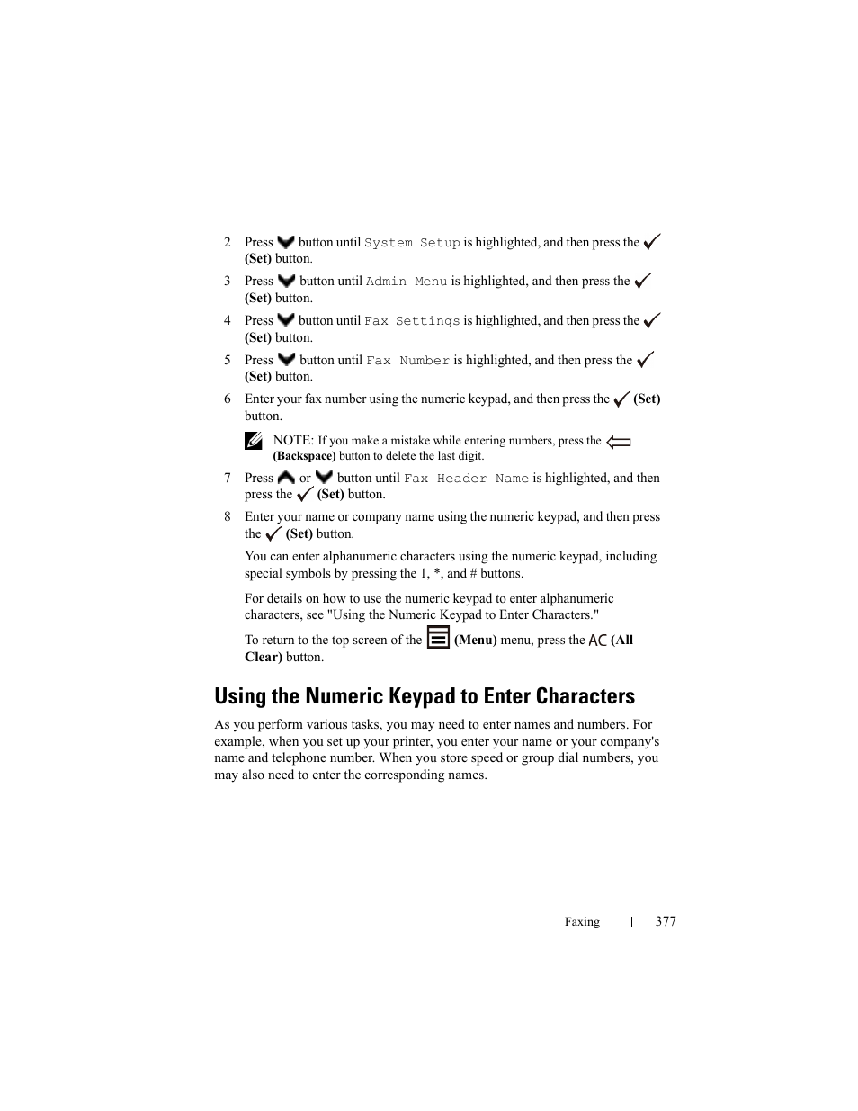 Using the numeric keypad to enter characters | Dell 2155cn/cdn Color Laser Printer User Manual | Page 379 / 761