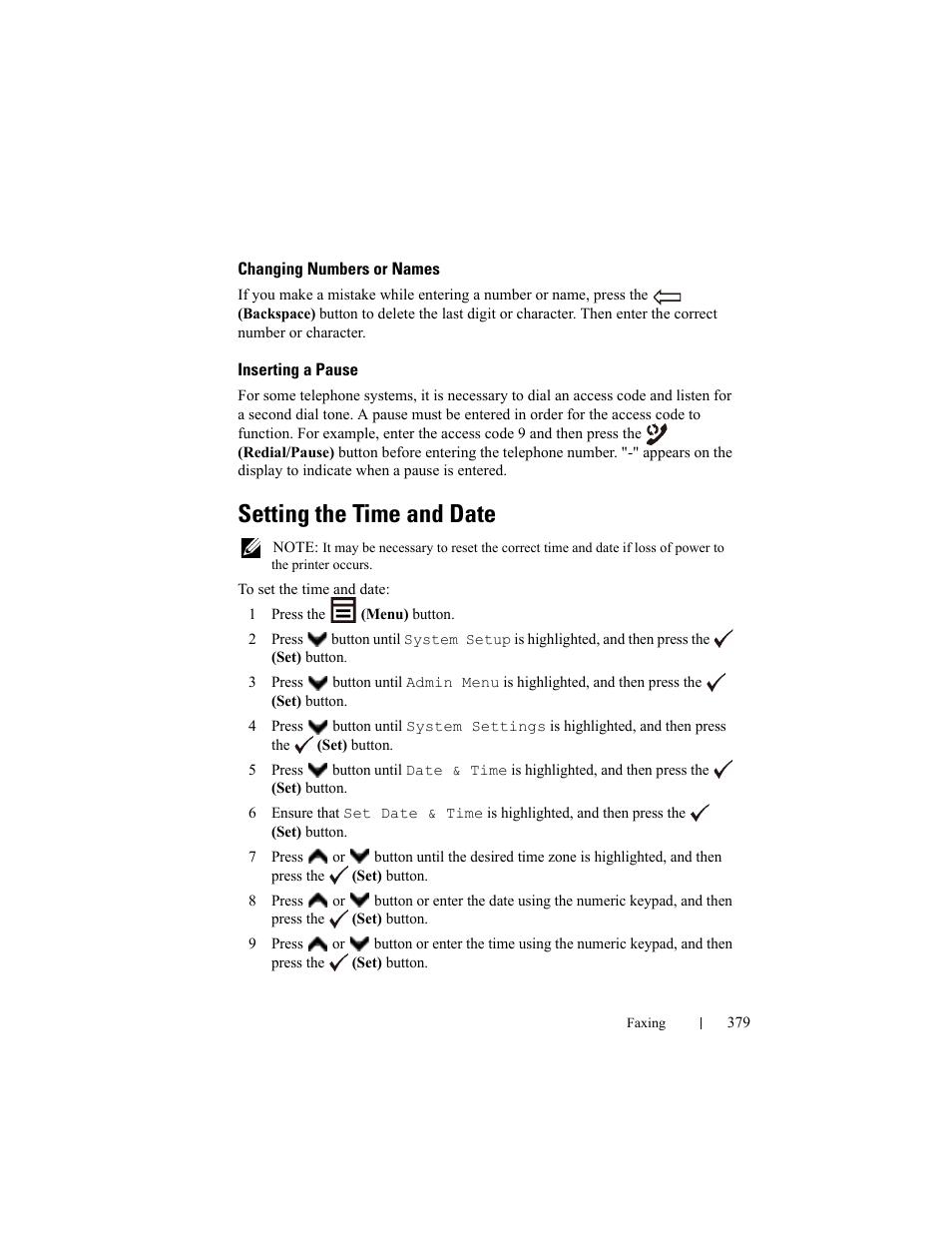 Changing numbers or names, Inserting a pause, Setting the time and date | Dell 2155cn/cdn Color Laser Printer User Manual | Page 381 / 761