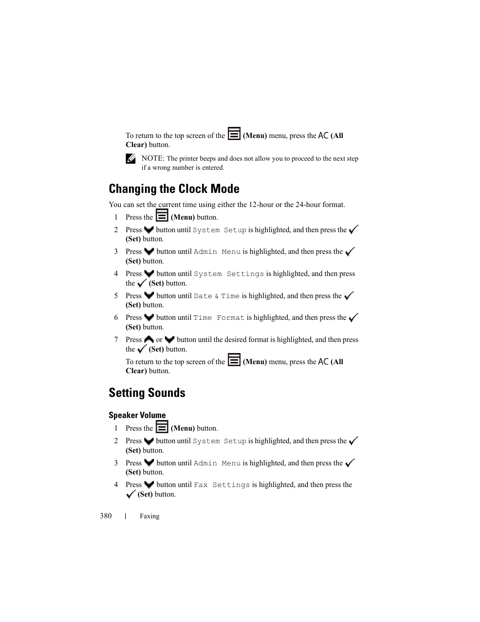 Changing the clock mode, Setting sounds, Speaker volume | Dell 2155cn/cdn Color Laser Printer User Manual | Page 382 / 761