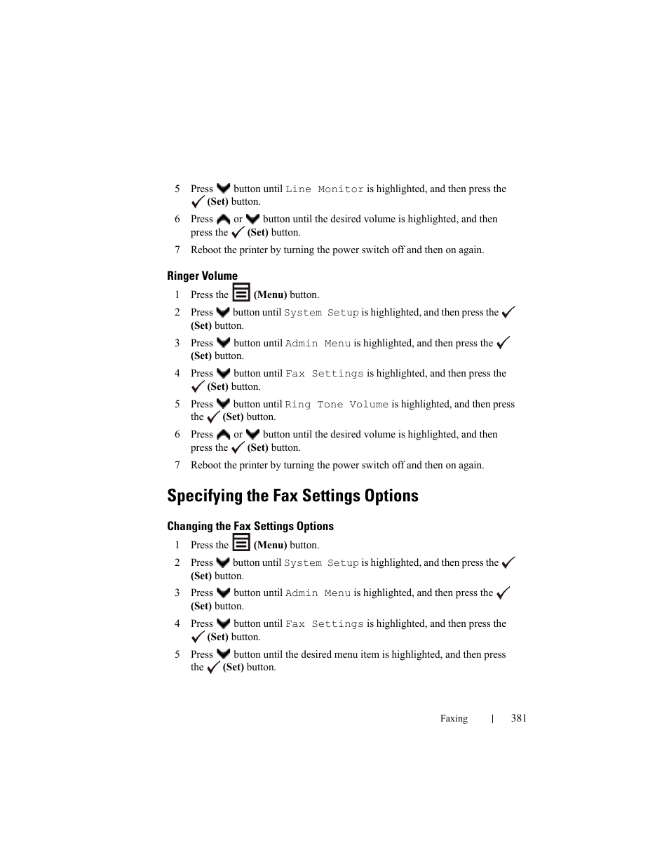 Ringer volume, Specifying the fax settings options, Changing the fax settings options | Dell 2155cn/cdn Color Laser Printer User Manual | Page 383 / 761