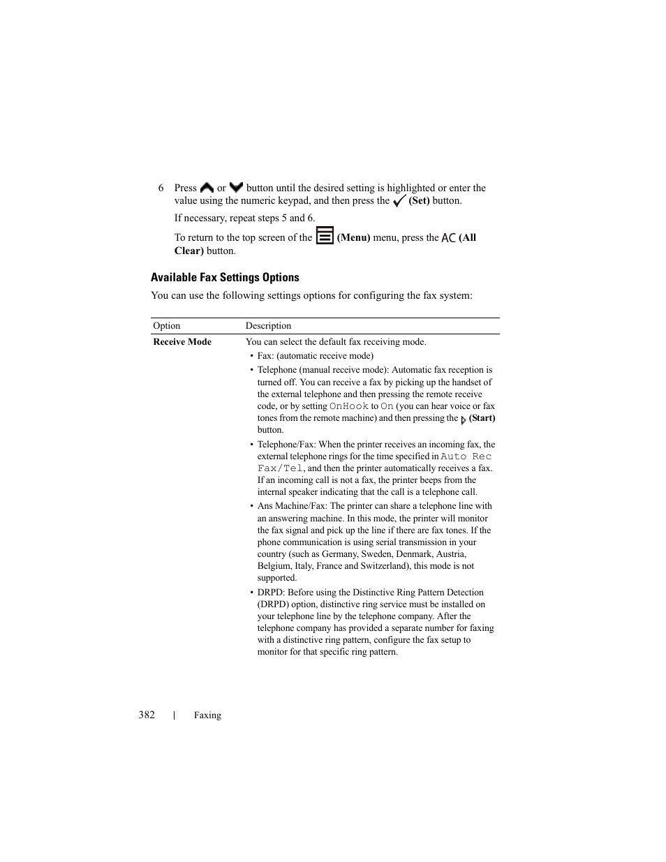 Available fax settings options | Dell 2155cn/cdn Color Laser Printer User Manual | Page 384 / 761