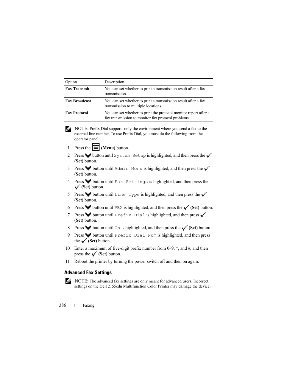 Advanced fax settings | Dell 2155cn/cdn Color Laser Printer User Manual | Page 388 / 761