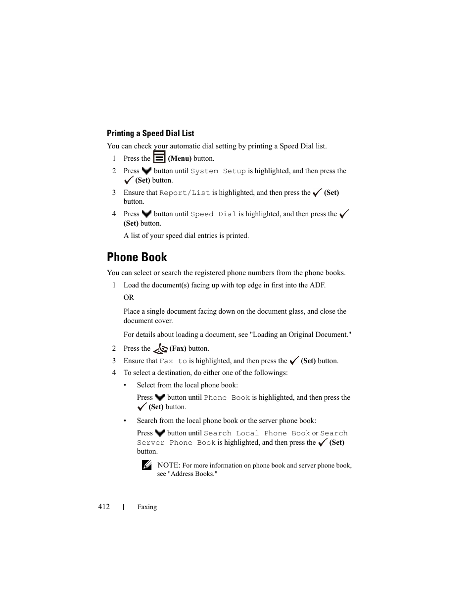 Printing a speed dial list, Phone book | Dell 2155cn/cdn Color Laser Printer User Manual | Page 414 / 761