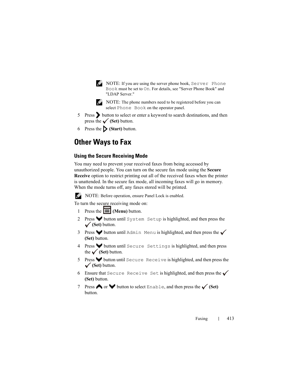Other ways to fax, Using the secure receiving mode | Dell 2155cn/cdn Color Laser Printer User Manual | Page 415 / 761