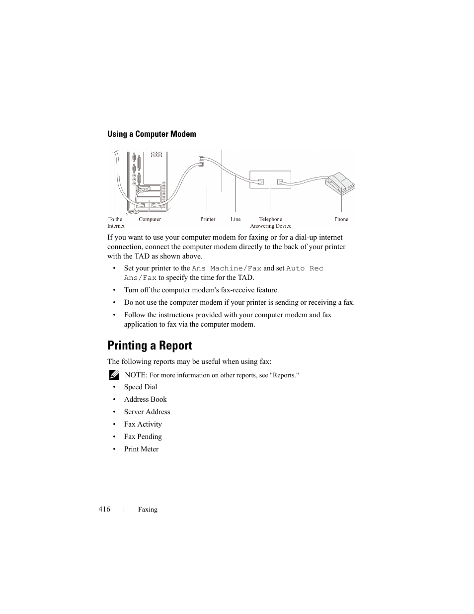 Using a computer modem, Printing a report, S, see "printing a report | Dell 2155cn/cdn Color Laser Printer User Manual | Page 418 / 761