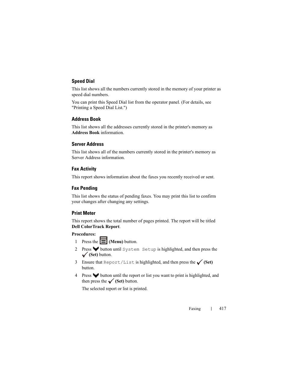 Speed dial, Address book, Server address | Fax activity, Fax pending, Print meter | Dell 2155cn/cdn Color Laser Printer User Manual | Page 419 / 761