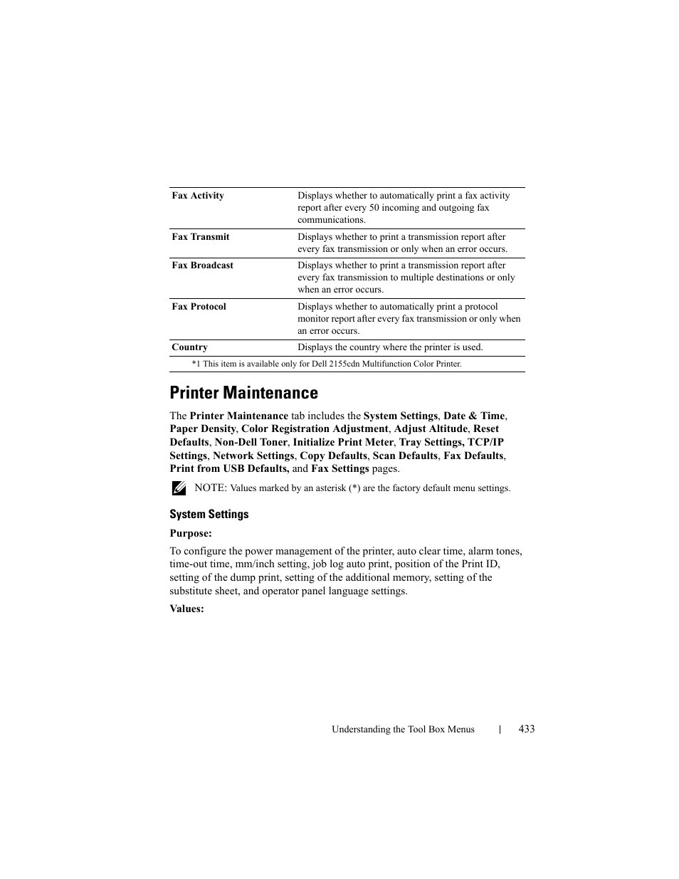 Printer maintenance, System settings | Dell 2155cn/cdn Color Laser Printer User Manual | Page 435 / 761