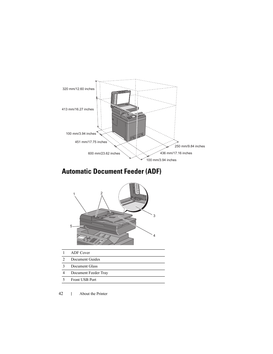 Automatic document feeder (adf) | Dell 2155cn/cdn Color Laser Printer User Manual | Page 44 / 761