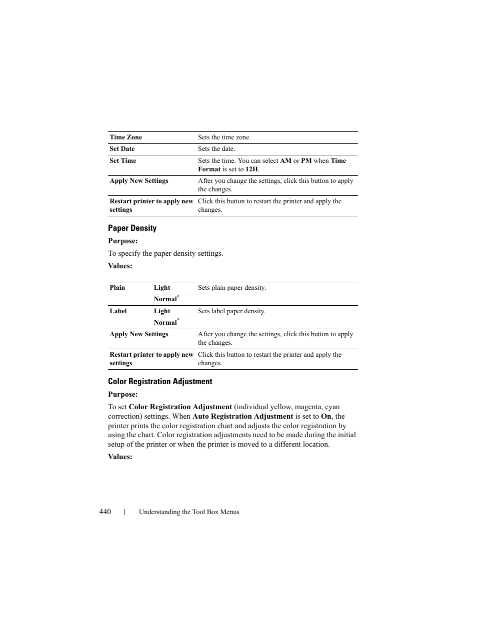 Paper density, Color registration adjustment | Dell 2155cn/cdn Color Laser Printer User Manual | Page 442 / 761