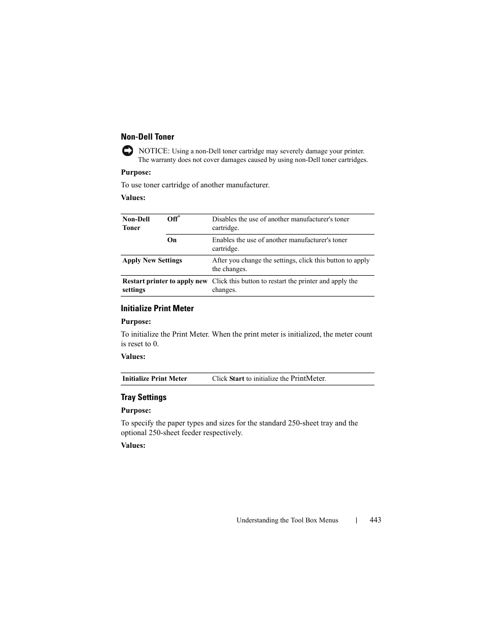 Non-dell toner, Initialize print meter, Tray settings | Dell 2155cn/cdn Color Laser Printer User Manual | Page 445 / 761