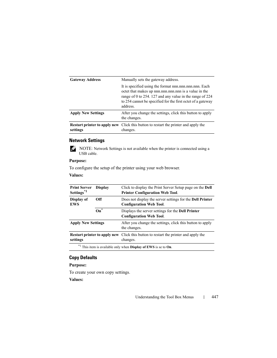 Network settings, Copy defaults | Dell 2155cn/cdn Color Laser Printer User Manual | Page 449 / 761