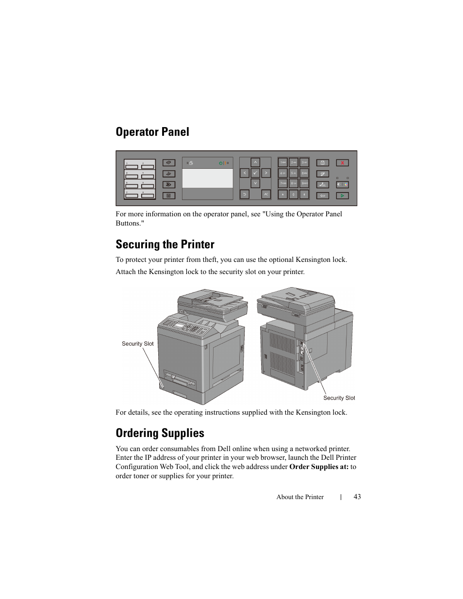 Operator panel, Securing the printer, Ordering supplies | Dell 2155cn/cdn Color Laser Printer User Manual | Page 45 / 761