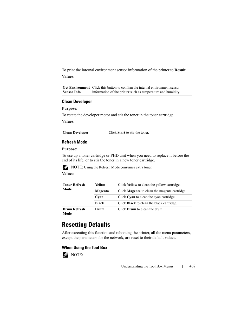 Clean developer, Refresh mode, Resetting defaults | When using the tool box | Dell 2155cn/cdn Color Laser Printer User Manual | Page 469 / 761