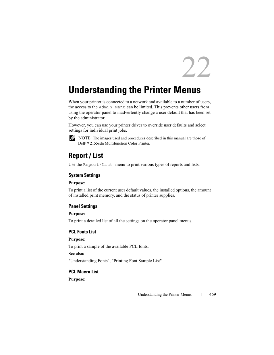 Understanding the printer menus, Report / list, System settings | Panel settings, Pcl fonts list, Pcl macro list | Dell 2155cn/cdn Color Laser Printer User Manual | Page 471 / 761