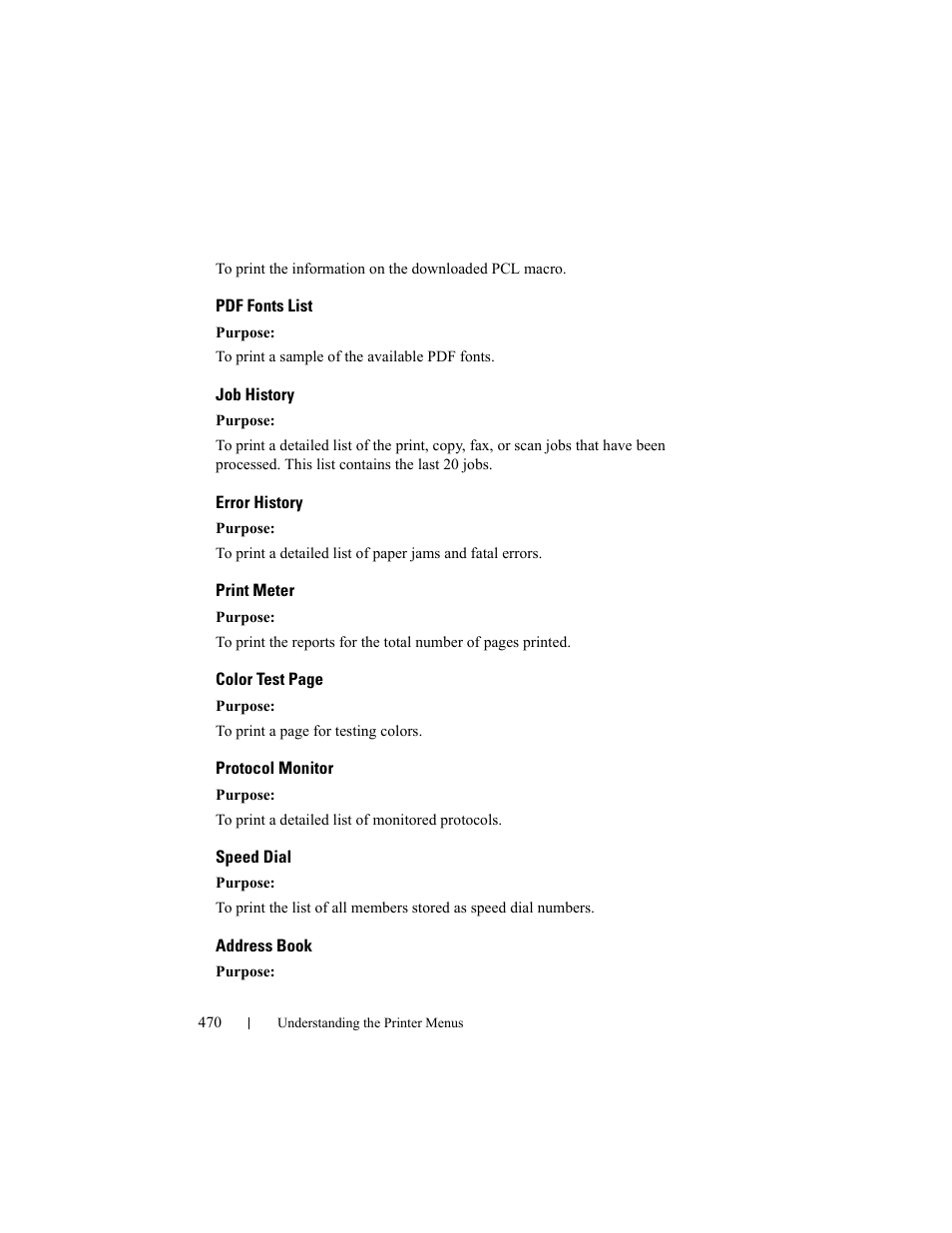 Pdf fonts list, Job history, Error history | Print meter, Protocol monitor, Speed dial, Address book | Dell 2155cn/cdn Color Laser Printer User Manual | Page 472 / 761