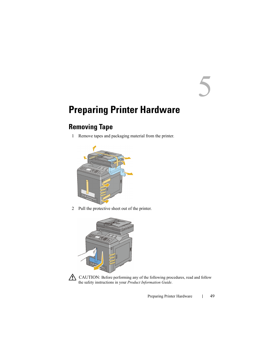 Preparing printer hardware, Removing tape | Dell 2155cn/cdn Color Laser Printer User Manual | Page 51 / 761