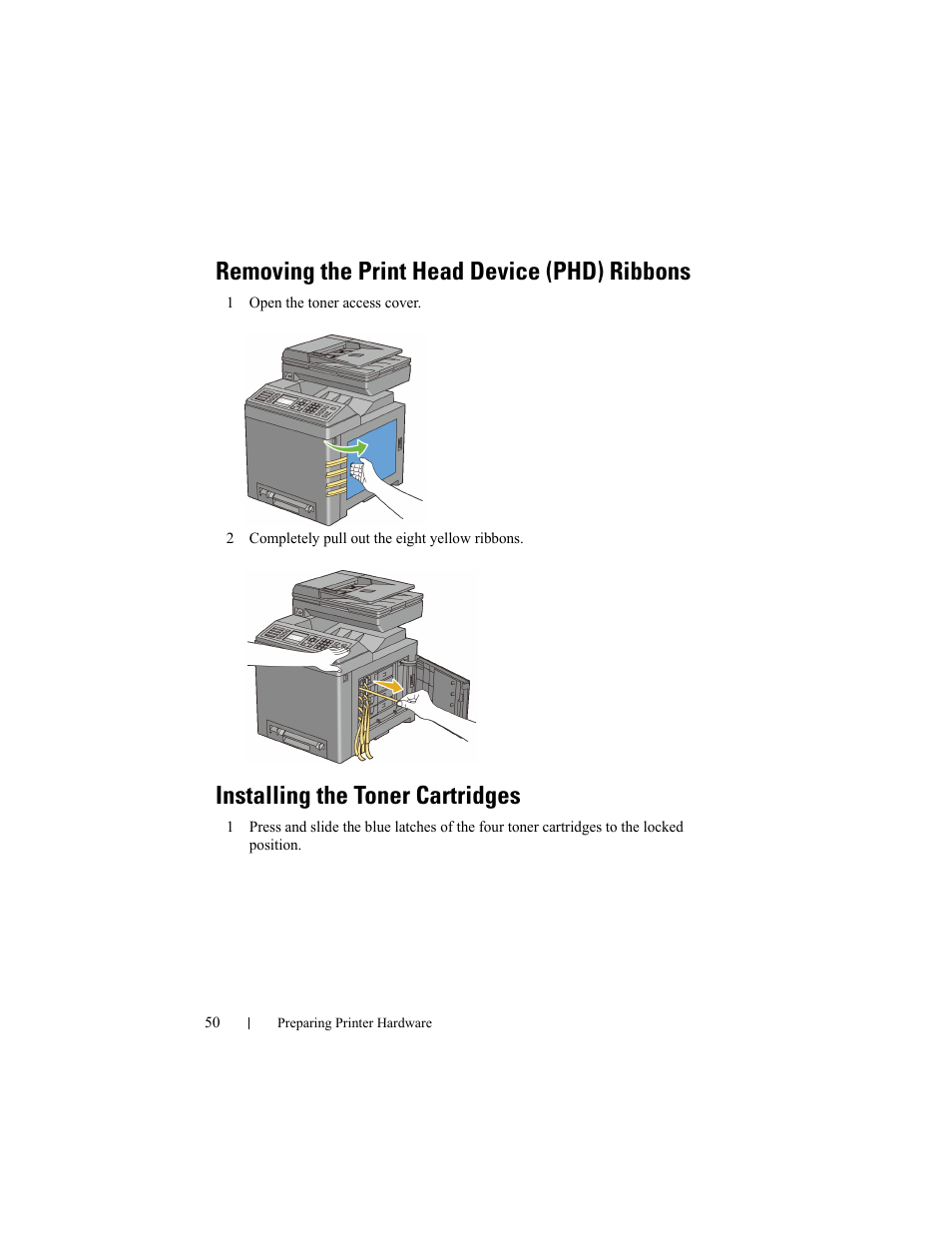 Removing the print head device (phd) ribbons, Installing the toner cartridges | Dell 2155cn/cdn Color Laser Printer User Manual | Page 52 / 761