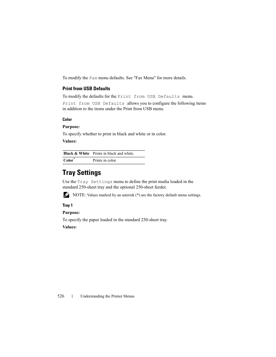 Print from usb defaults, Tray settings | Dell 2155cn/cdn Color Laser Printer User Manual | Page 528 / 761