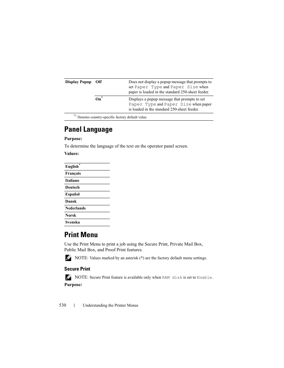 Panel language, Print menu, Secure print | Dell 2155cn/cdn Color Laser Printer User Manual | Page 532 / 761