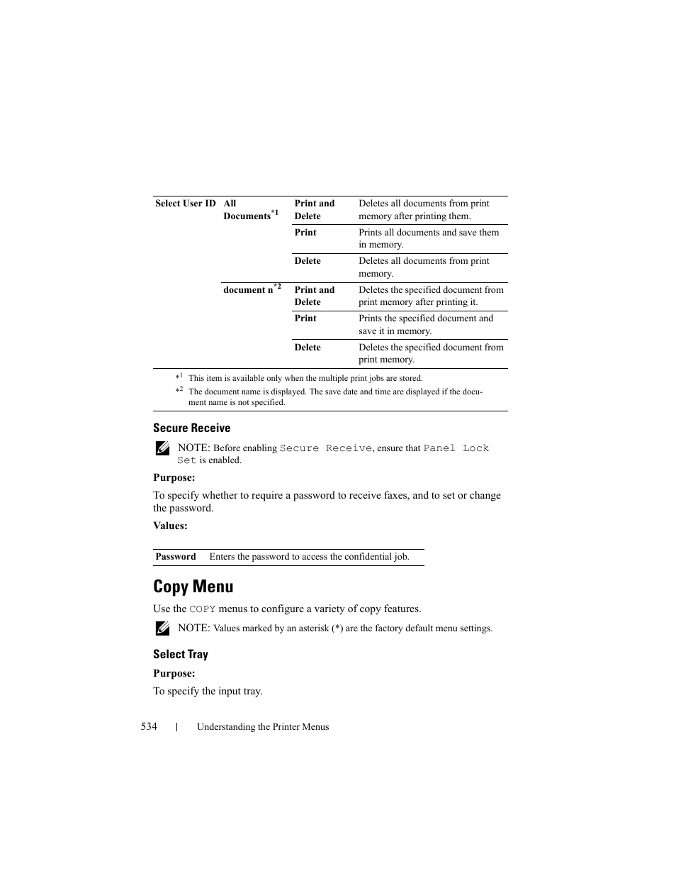 Secure receive, Copy menu, Select tray | Dell 2155cn/cdn Color Laser Printer User Manual | Page 536 / 761