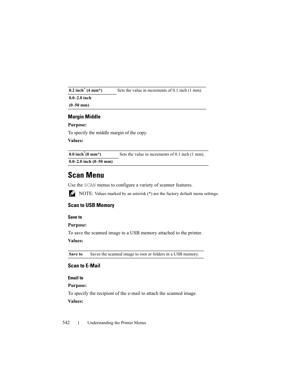 Margin middle, Scan menu, Scan to usb memory | Scan to e-mail | Dell 2155cn/cdn Color Laser Printer User Manual | Page 544 / 761